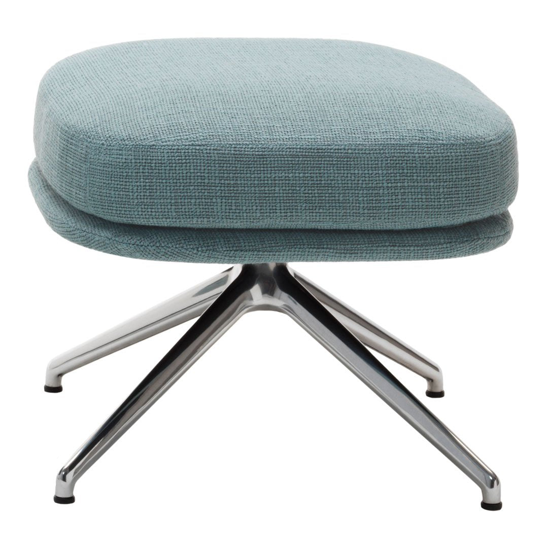 Light blue textured fabric upholstery on a modern chrome base footrest. Elegant, minimalist design for any space.
