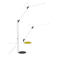 Modern floor lamp with a sleek white design, yellow accent, and black base. Ideal for contemporary interiors.