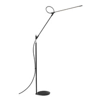 Sleek black floor lamp with a minimalist design, featuring a circular accent and a slender, elegant silhouette.