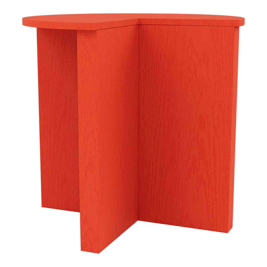 Bright orange corner table with a sleek, modern design and smooth finish. Ideal for vibrant indoor spaces.