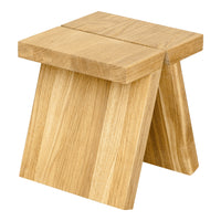 Natural light oak stool with a smooth finish and geometric design. Simple, modern aesthetic for versatile decor.