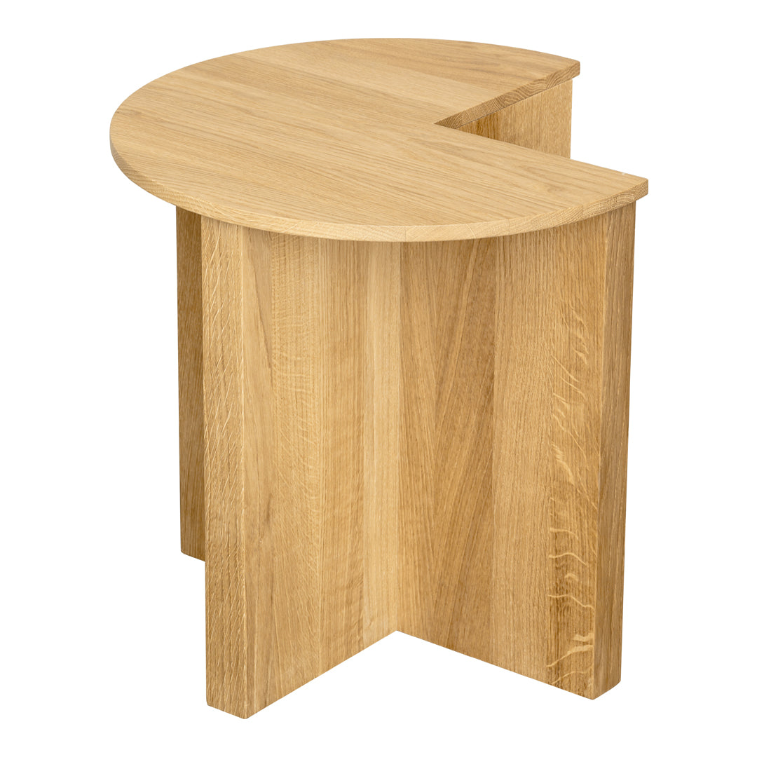 Natural wood finish side table with a unique half-moon shape and straight edges in light oak tones.