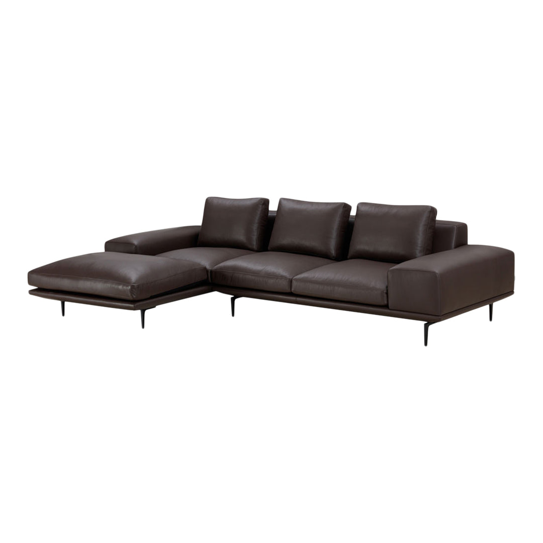 Dark brown leather sectional sofa with smooth finish and minimalist design. Perfect for modern living spaces.