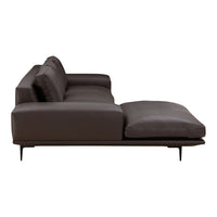 Dark brown modern sectional sofa with sleek lines and textured cushions, featuring a minimalist design.
