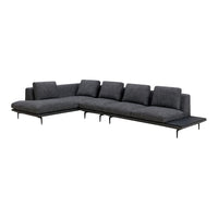 Modern dark grey sectional sofa with a sleek fabric texture and minimalistic black metal legs.
