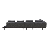 Modern gray sectional sofa with clean lines, textured fabric, and sleek black metal legs. Ideal for contemporary decor.