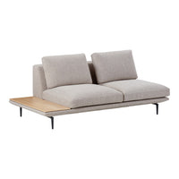 Light gray fabric sofa with smooth, minimalist design and a natural wood accent tabletop.