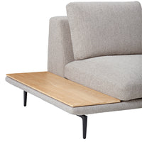 Light gray textured upholstery with a natural wood accent table and black metal legs. Modern and minimalist design.