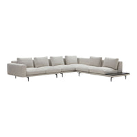 Light gray sectional sofa with modern design and plush cushions, featuring clean lines and a sleek, minimalist pattern.