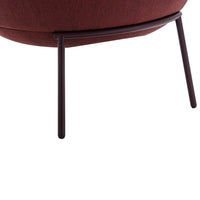 Burgundy upholstered chair with a smooth texture and dark brown metal legs, featuring a curved silhouette.