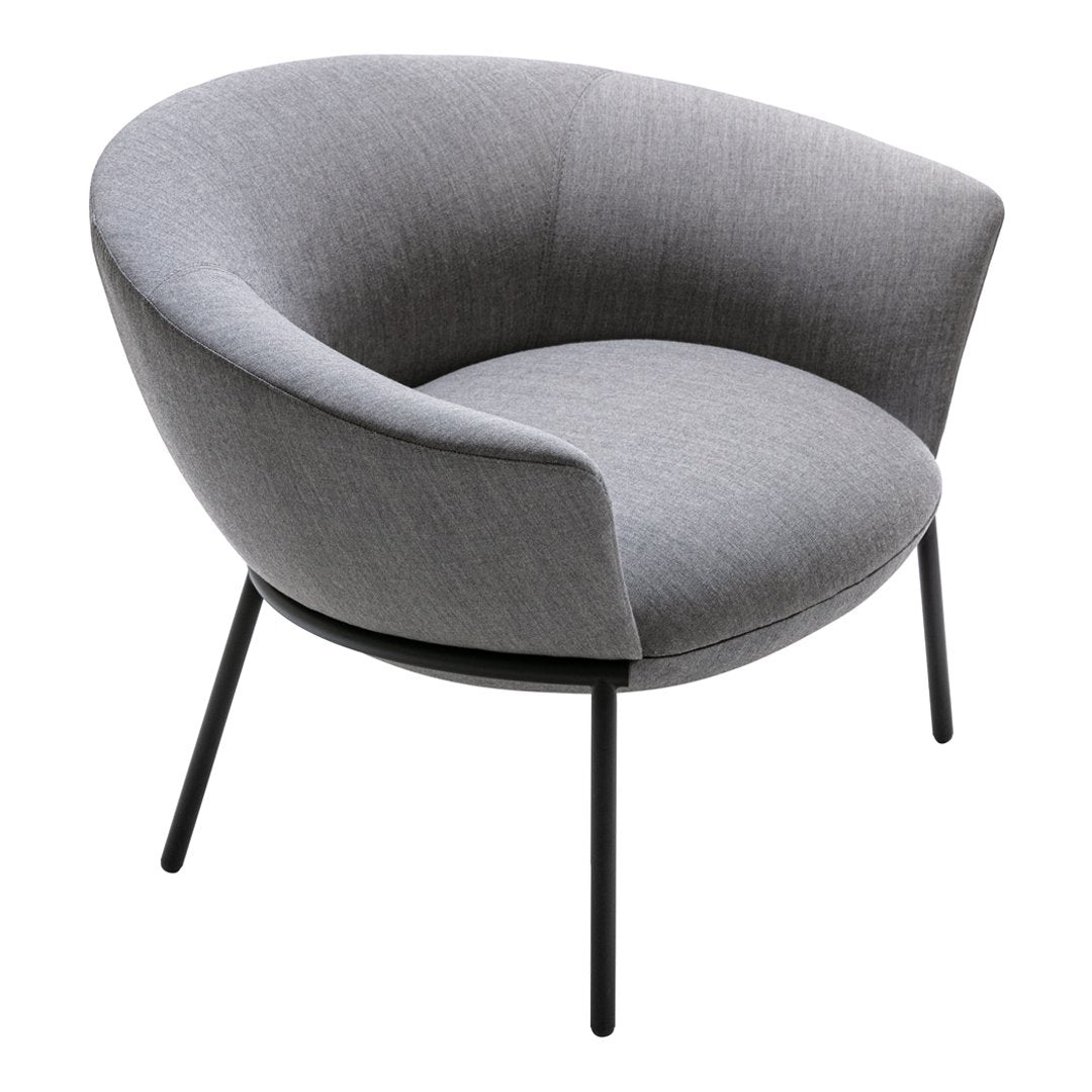 Gray fabric chair with a rounded design and black metal legs, offering a modern and minimalist style.