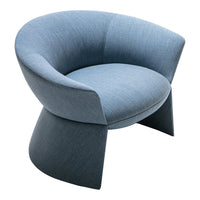 Blue curved accent chair in a soft, textured fabric, featuring a minimalist design and modern silhouette.