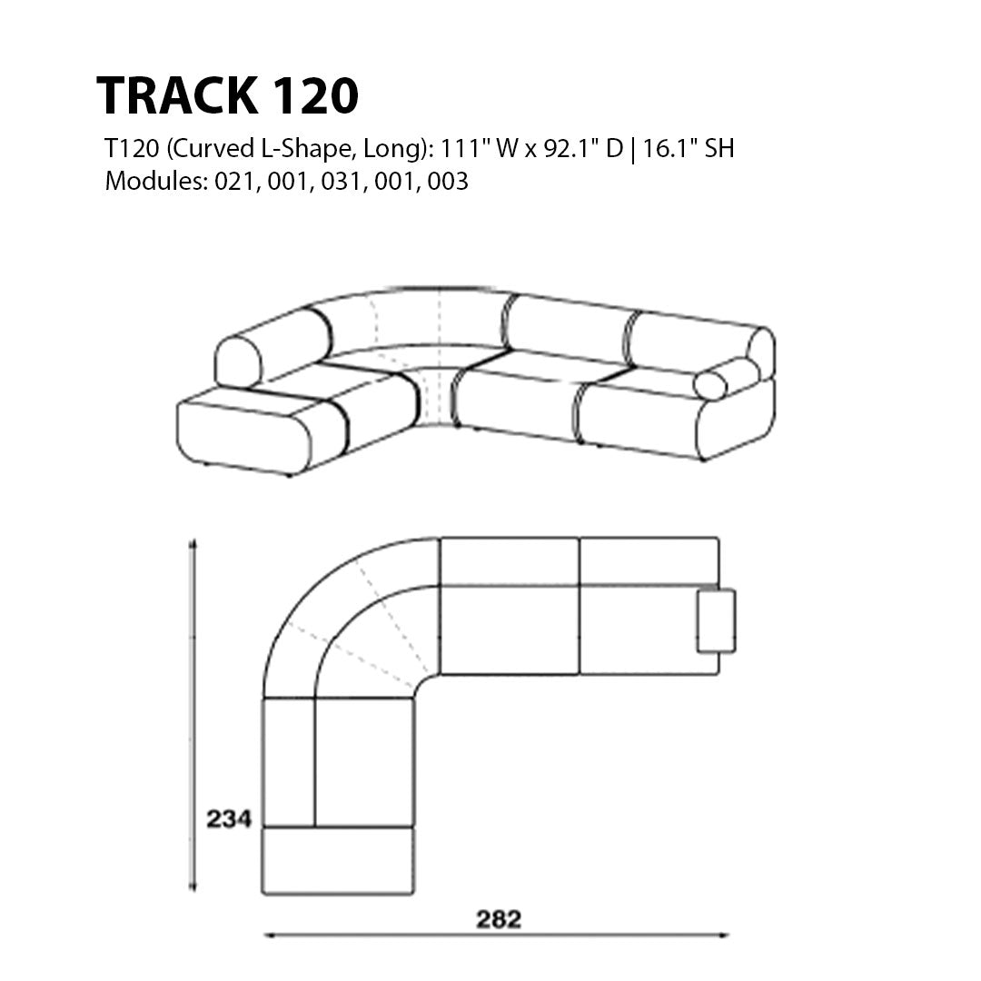Curved L-shape sectional diagram in neutral tones with soft, rounded cushions and minimalist design.