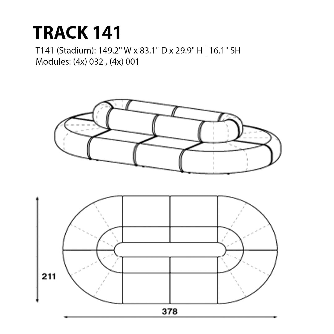 "Track 141 modular sofa in multiple shades of beige and cream, featuring a unique oval design with rounded cushions."