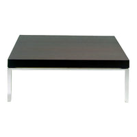 Modern black square coffee table with sleek chrome legs, featuring a minimalist design and smooth surface.