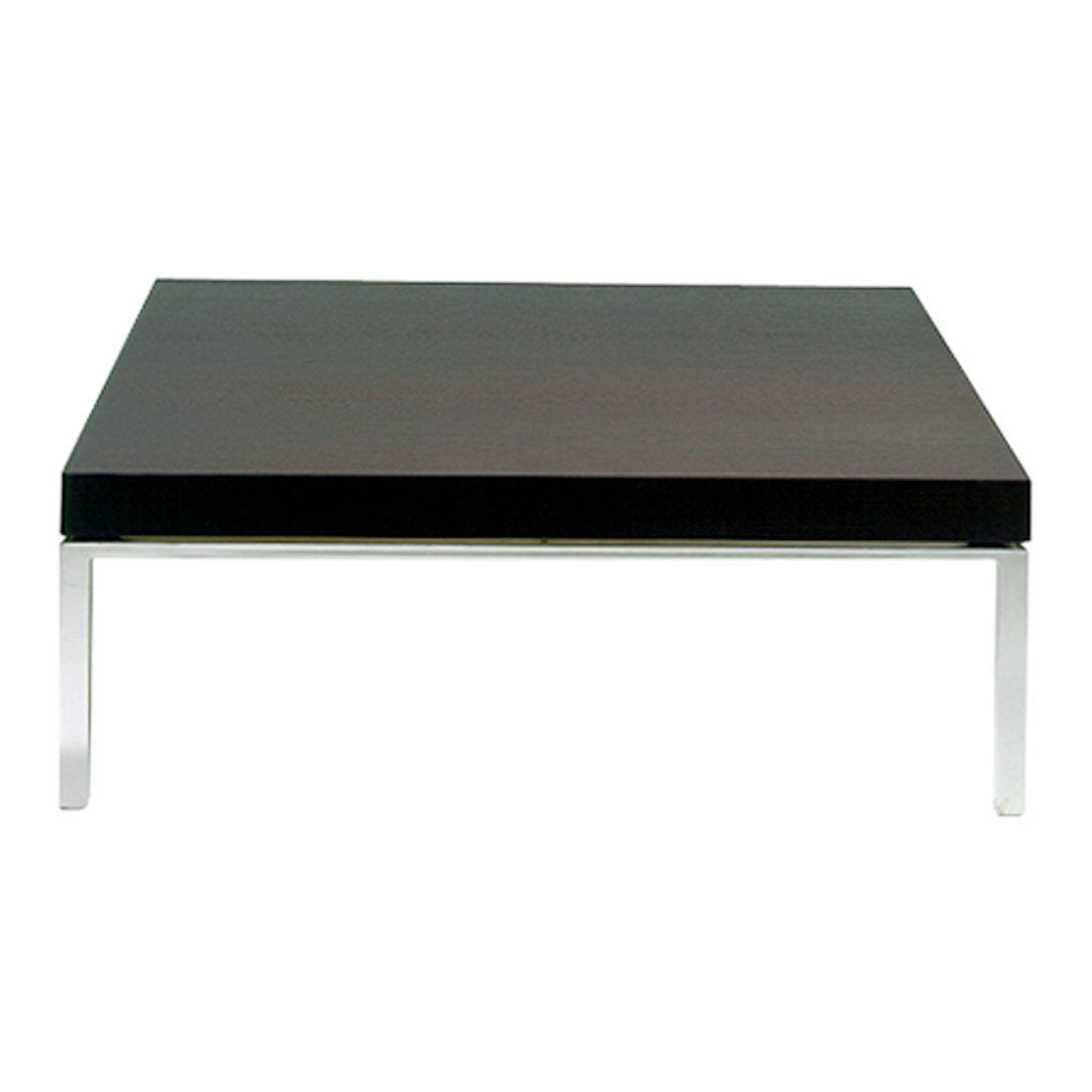 Modern square coffee table with a sleek black top and minimalist silver legs, featuring a smooth, matte finish.