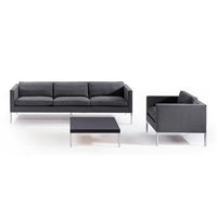 Modern gray sofa set with sleek lines and a minimalist design, featuring a matching coffee table in a black finish.