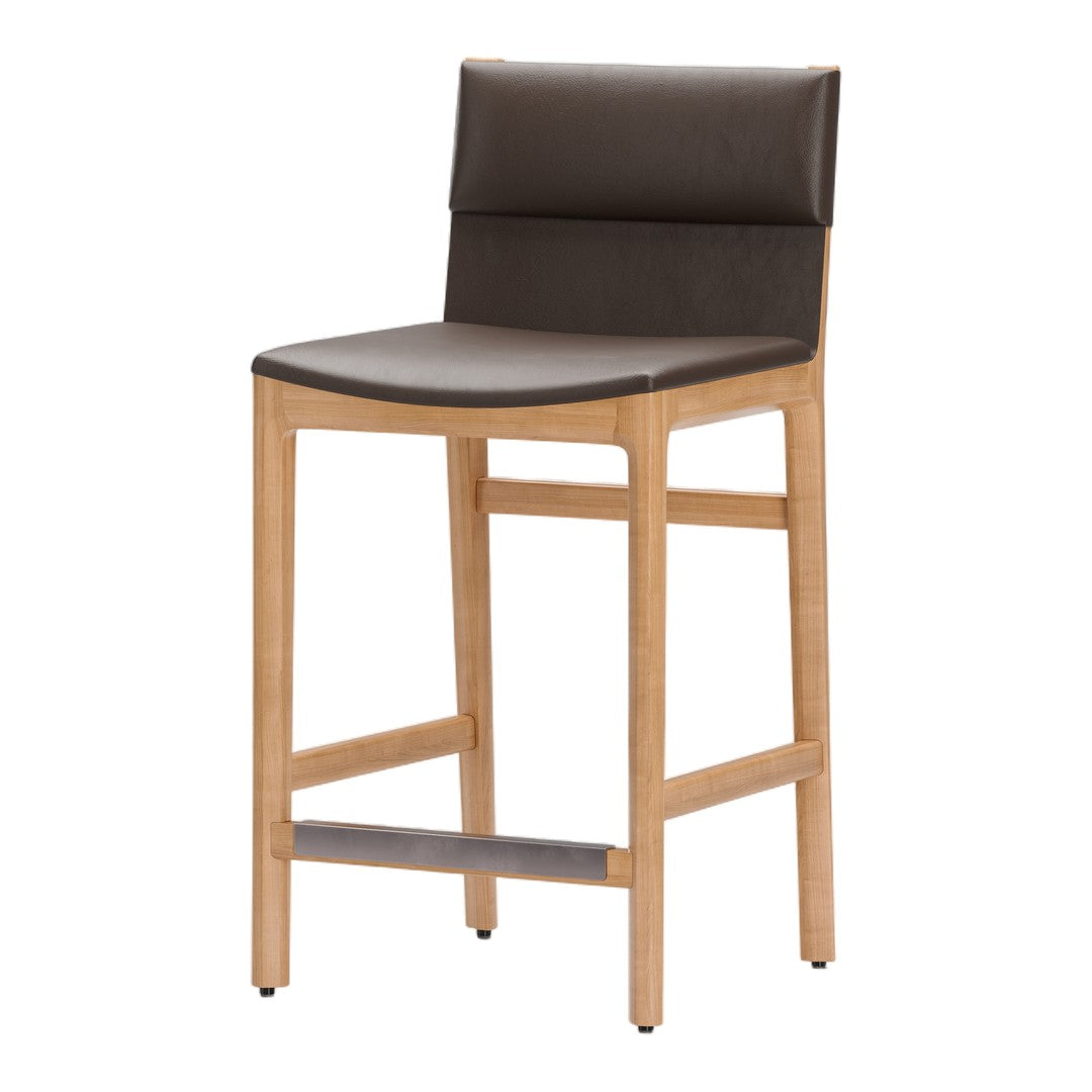 Brown upholstered bar stool with light wood frame and gray footrest. Modern design perfect for dining spaces.