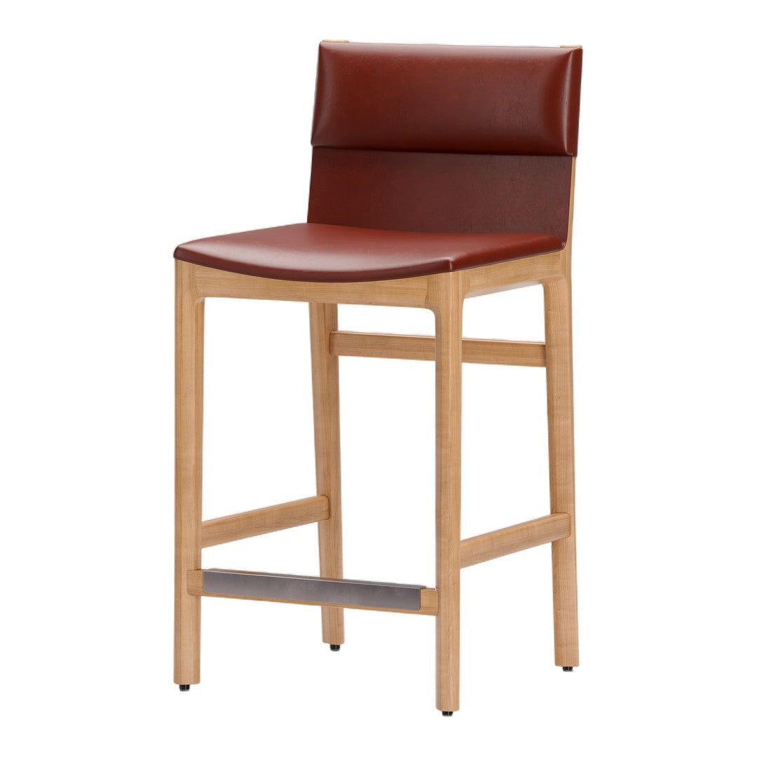 Brown leather bar stool with a light wood frame and sleek, minimalist design. Perfect for modern interiors.