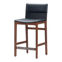 Navy blue padded bar stool with a sleek wooden frame for a modern look. Simple and elegant design.
