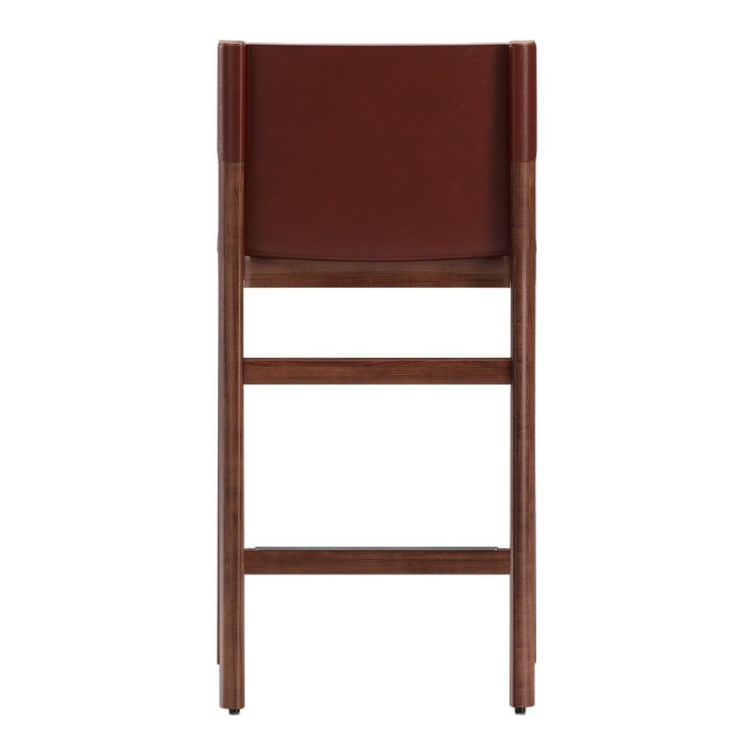 Brown wooden chair featuring a rich, dark brown leather backrest.