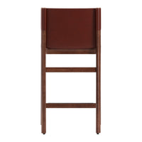 Brown wooden chair featuring a rich, dark brown leather backrest.