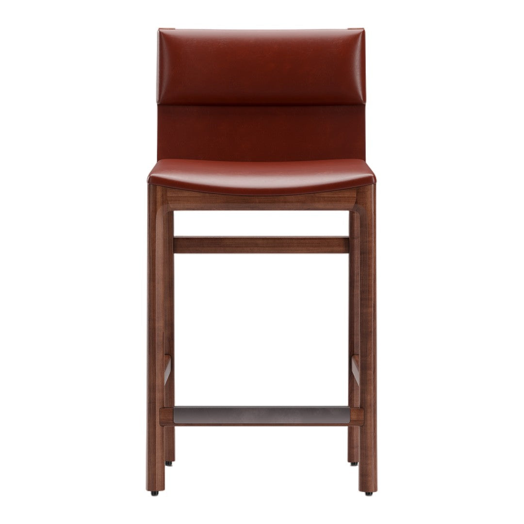 Brown leather bar stool with a sleek wood frame, featuring rich warm tones and a smooth texture.
