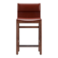 Brown leather bar stool with a sleek wood frame, featuring rich warm tones and a smooth texture.