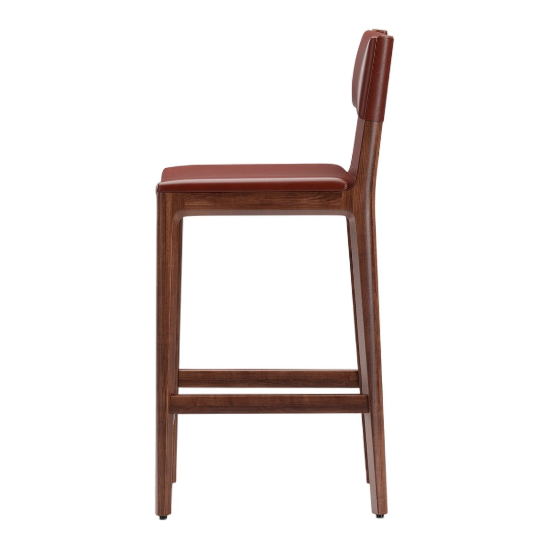 Brown wooden bar stool with a rich burgundy seat and a sleek, minimalist design. Perfect for modern interiors.