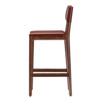 Brown wooden bar stool with a rich burgundy seat and a sleek, minimalist design. Perfect for modern interiors.