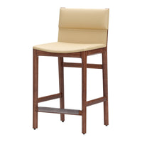 Beige upholstered bar stool with a walnut frame, featuring a sleek, modern design. Ideal for contemporary spaces.