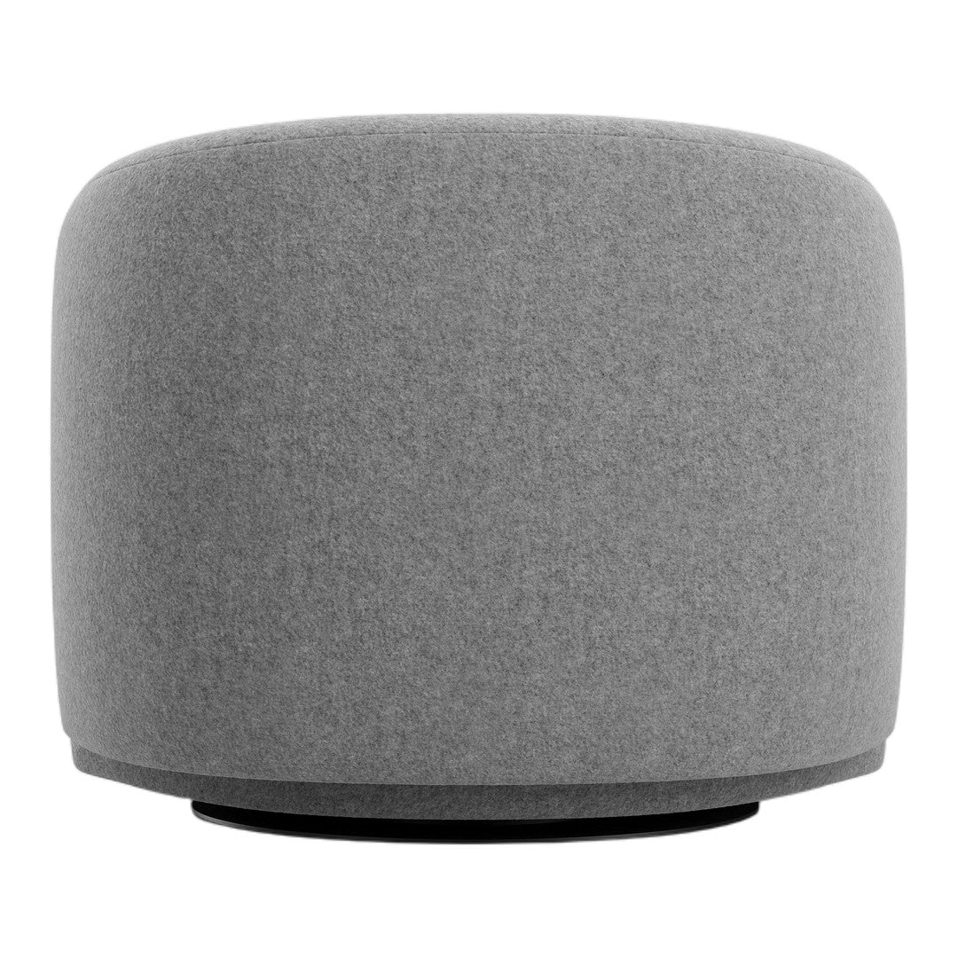 Gray round ottoman with a textured felt surface, featuring a minimalist design and sleek edges.