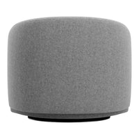 Gray round ottoman with a textured felt surface, featuring a minimalist design and sleek edges.