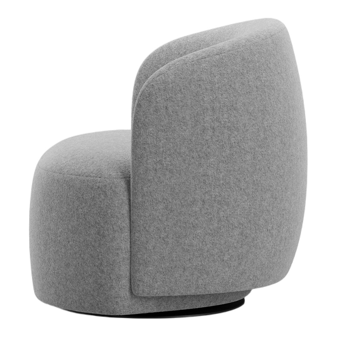 Gray plush swivel chair with a soft, felt-like texture and rounded shape, enhancing modern decor.