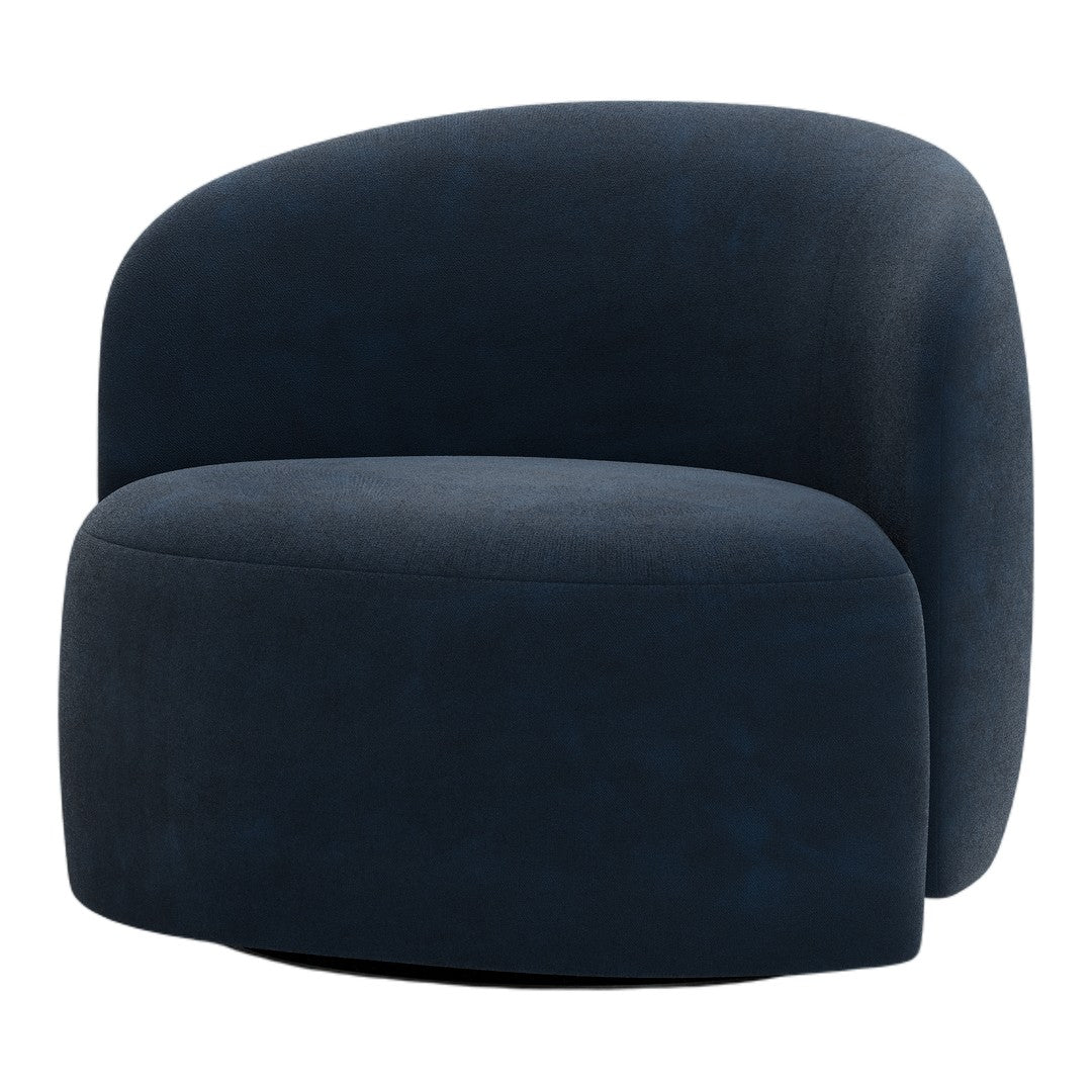 Navy blue upholstered accent chair with a smooth, modern design and rounded edges, perfect for contemporary decor.