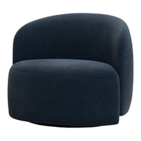 Navy blue upholstered accent chair with a smooth, modern design and rounded edges, perfect for contemporary decor.