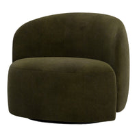 Olive green plush chair with a smooth, rounded design and no visible patterns, perfect for modern decor.