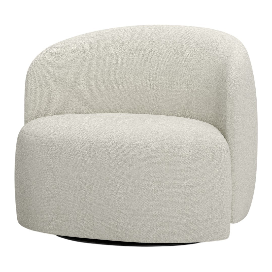 Cream-colored minimalist chair with a soft, textured fabric and smooth, rounded silhouette.