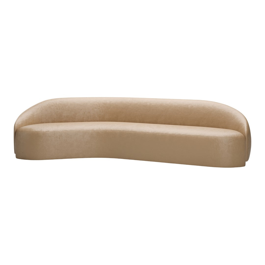 Curved beige sofa with a smooth, plush texture, featuring a minimalist design and soft, neutral tones.