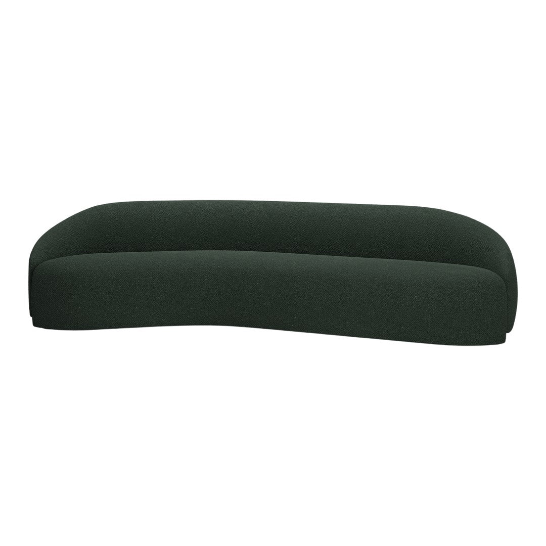 Curved, contemporary sofa in deep forest green textured fabric, offering a modern and stylish design.
