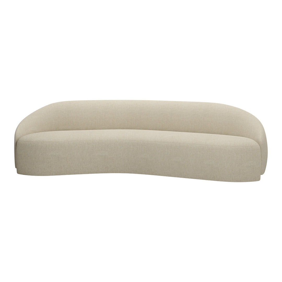 Curved beige sofa with a smooth texture, perfect for modern living spaces. Neutral tone complements various decor styles.