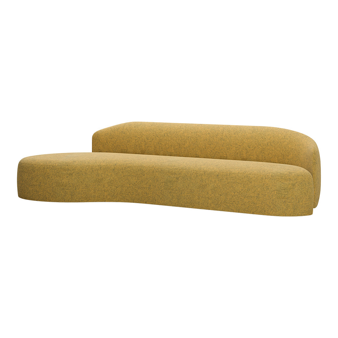 Curved sofa in a warm mustard yellow fabric, featuring a soft, textured finish. Perfect for modern interiors.