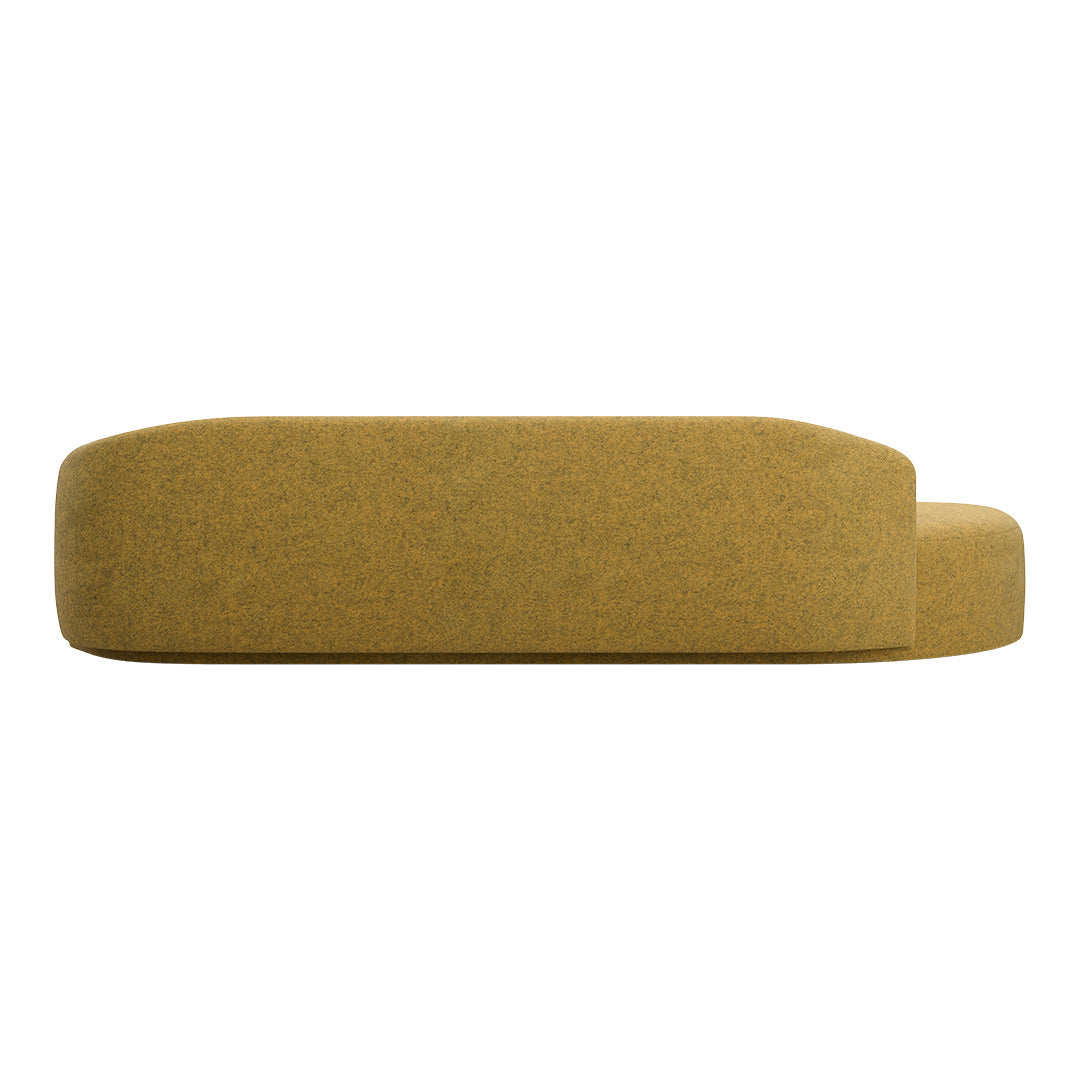 Sleek, modern sofa in rich mustard yellow felt texture, showcasing a minimalist, curved design with no patterns.
