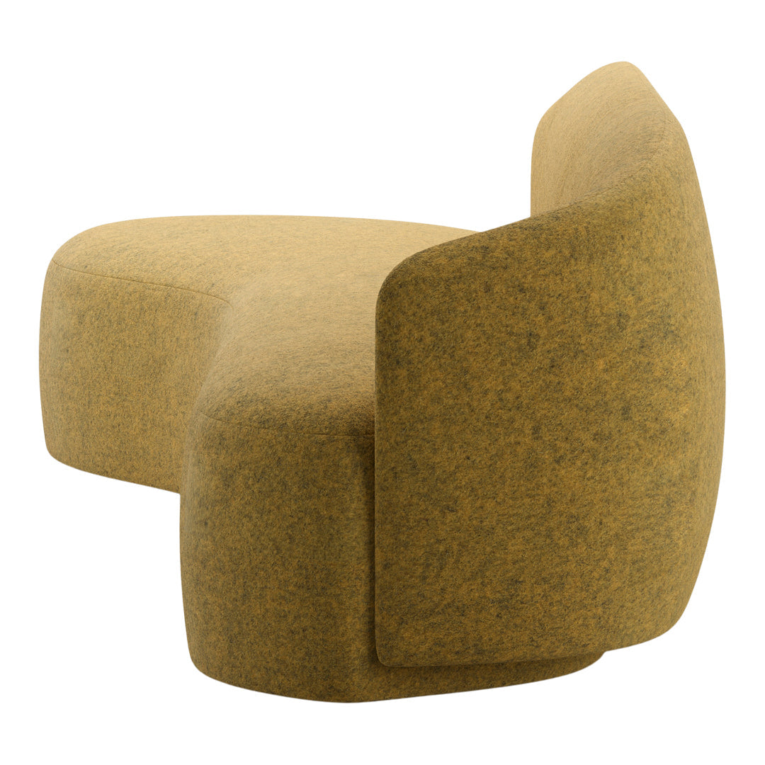 Curved yellow-green upholstered sofa with a textured, felt-like surface, perfect for modern interiors.