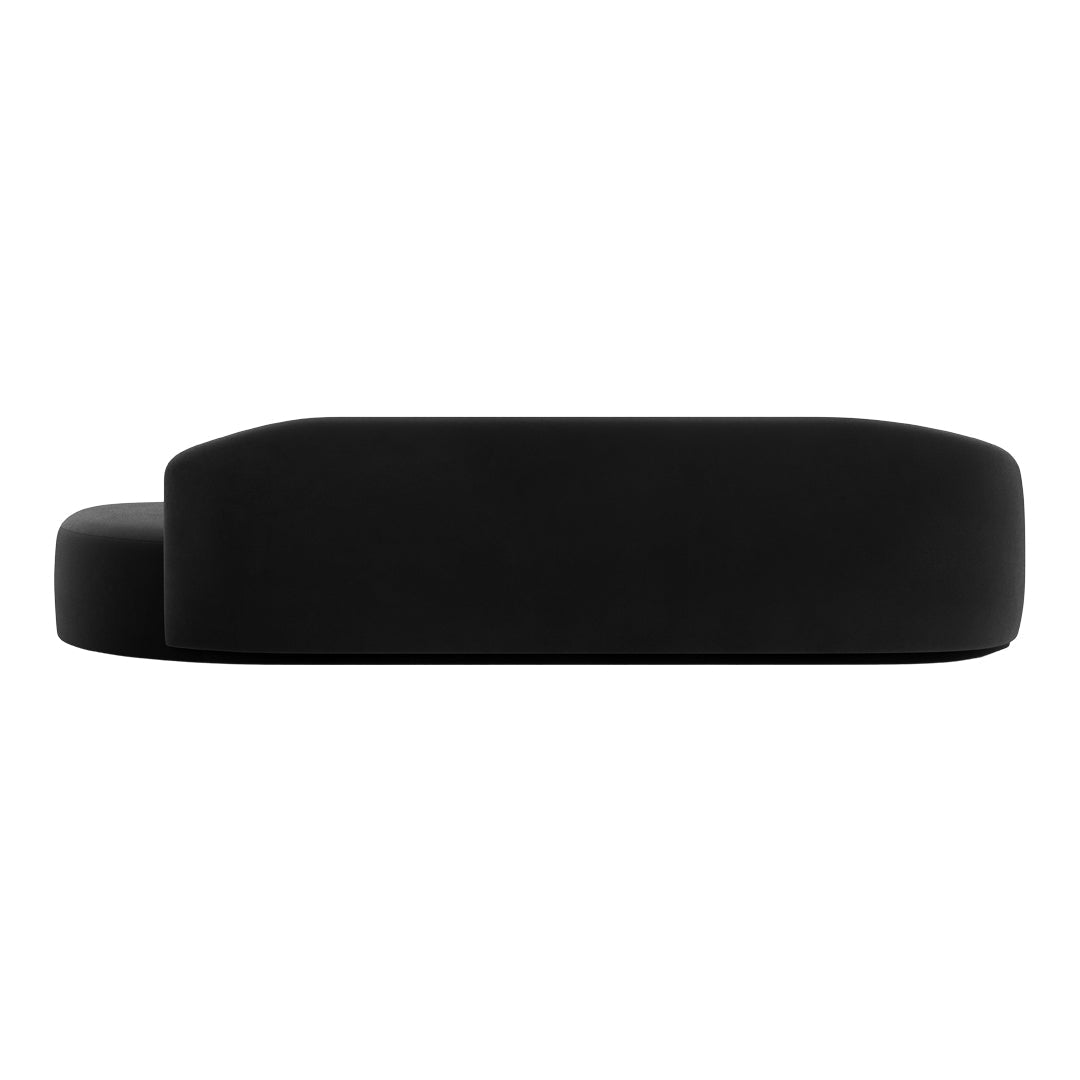 Sleek black sofa with smooth, rounded edges and minimalist design, perfect for modern interiors.