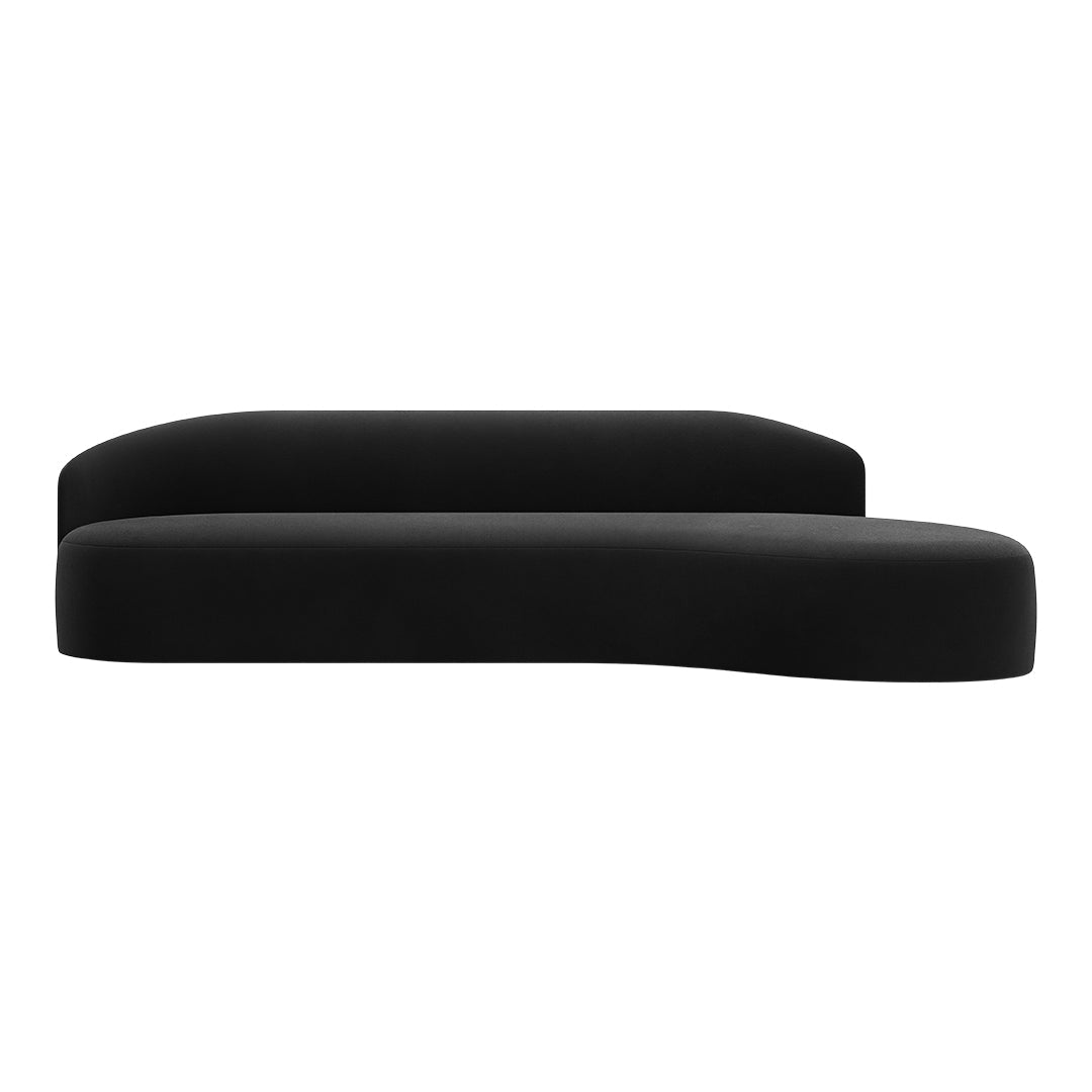 Contemporary black curved sofa with a smooth, velvety texture and minimalist design. Perfect for modern interiors.