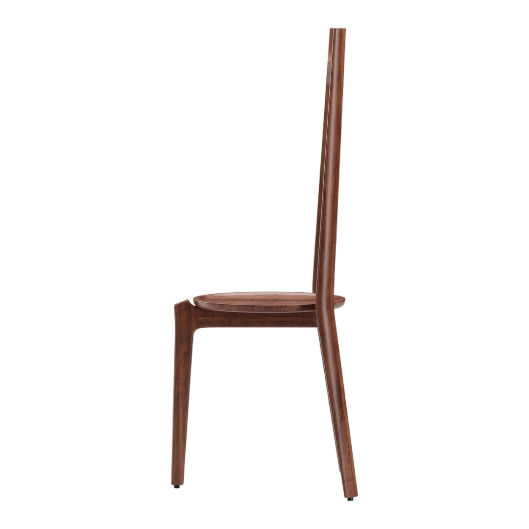 Side view of a sleek, minimalistic wooden chair in rich walnut color with smooth, clean lines.