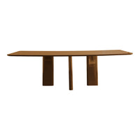 Brown curved table with a smooth finish and minimalist design, featuring two sturdy geometric legs.