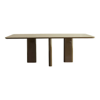 Rectangular dining table in a warm beige tone, featuring a smooth surface with minimalist design and chunky legs.