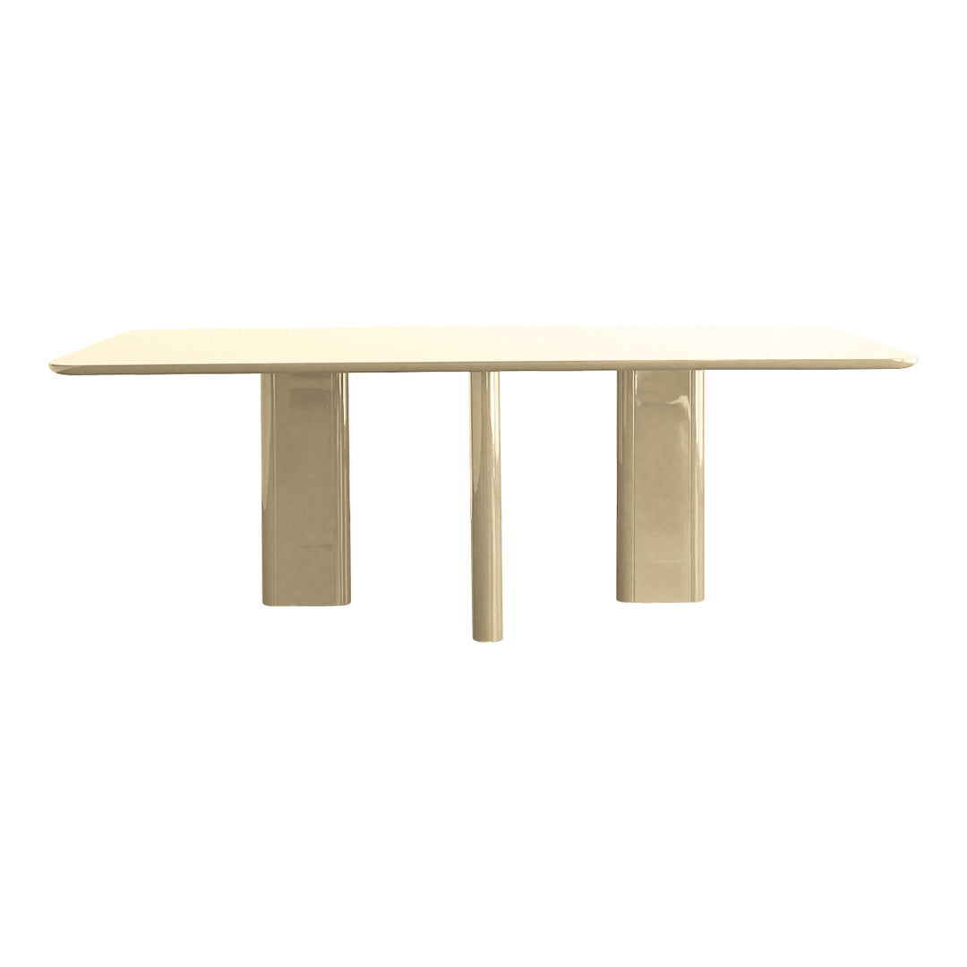 Beige rectangular table with smooth, glossy finish and minimalist design. Two solid geometric legs. Perfect for modern decor.